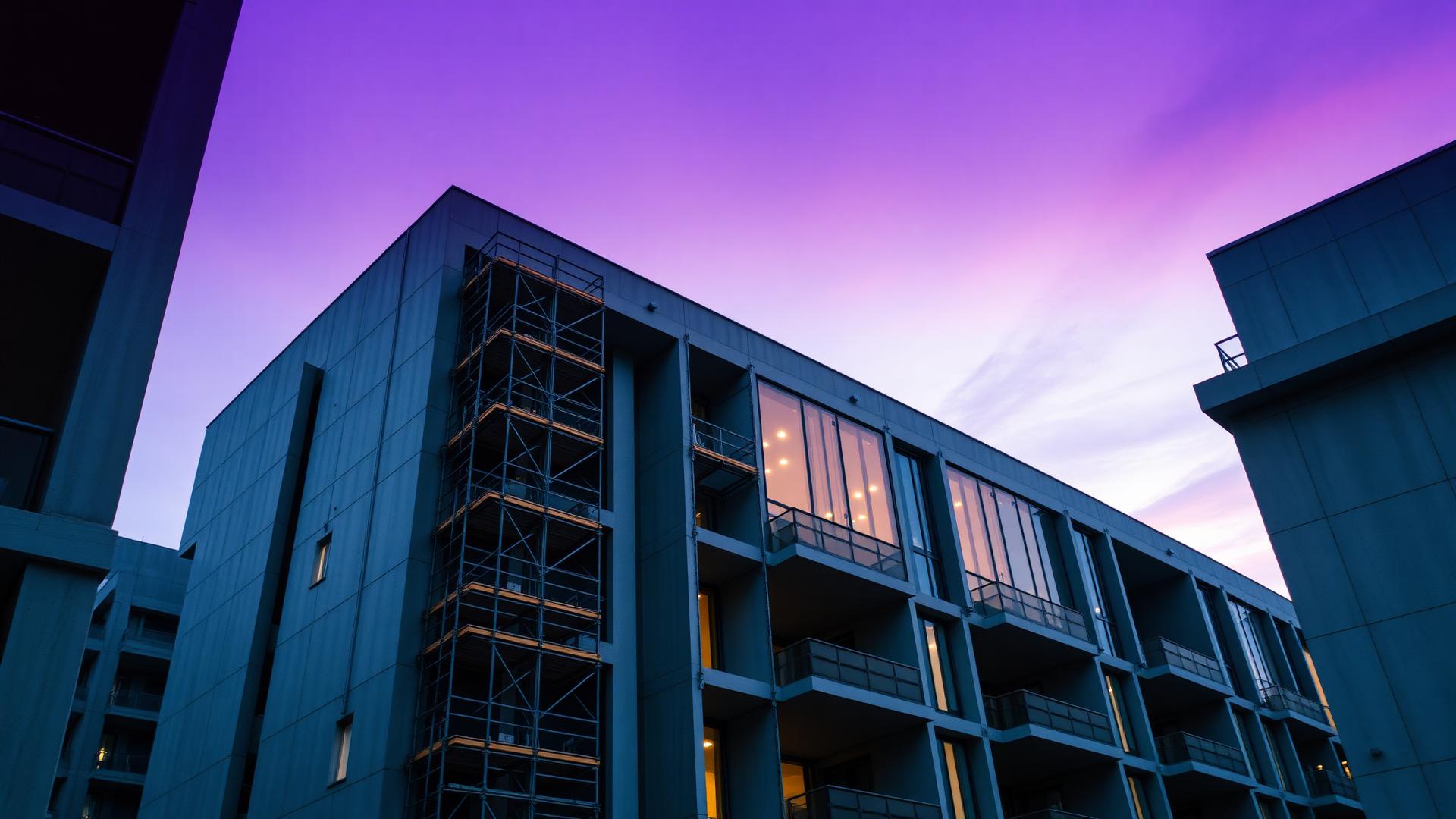 Concrete and glass residential building under construction at dusk